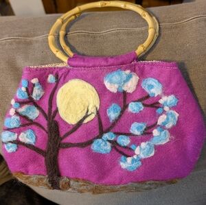 Floral Embroidered and Felted Purple Handbag with Bamboo Handles